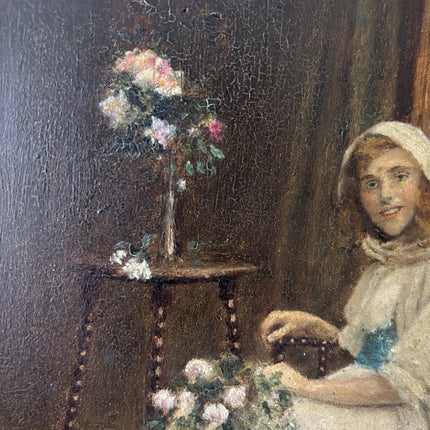 19th Century “LADY WITH FLOWERS” Antique Oil Painting Romantic Portraiture Women - HollandArtShop