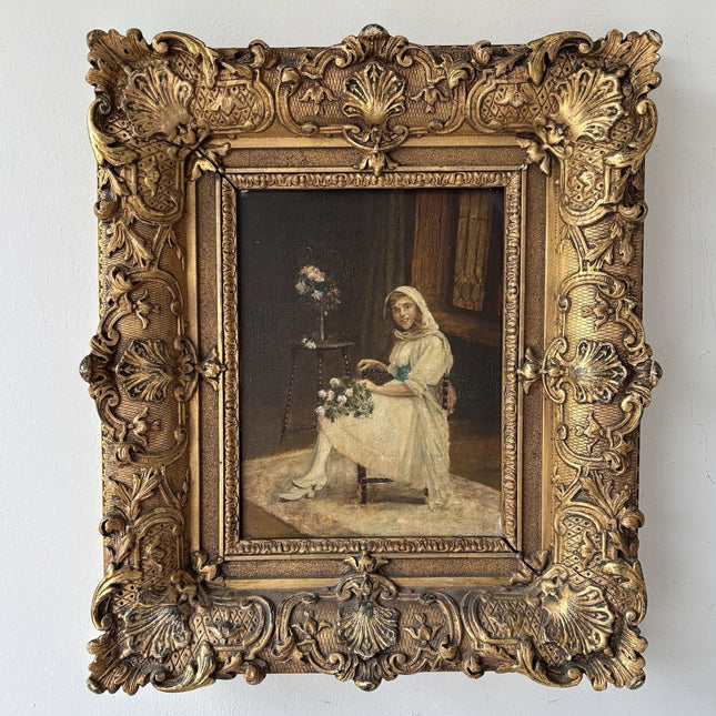 19th Century “LADY WITH FLOWERS” Antique Oil Painting Romantic Portraiture Women - HollandArtShop