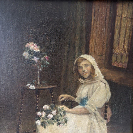 19th Century “LADY WITH FLOWERS” Antique Oil Painting Romantic Portraiture Women - HollandArtShop