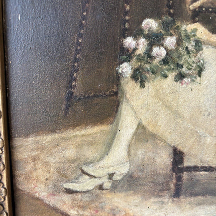 19th Century “LADY WITH FLOWERS” Antique Oil Painting Romantic Portraiture Women - HollandArtShop