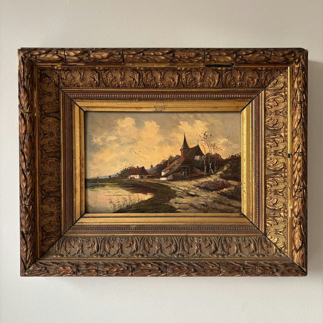 19th Century Lakeside Cottages Church Trees Pathway Clouds Oil Painting Antique - HollandArtShop