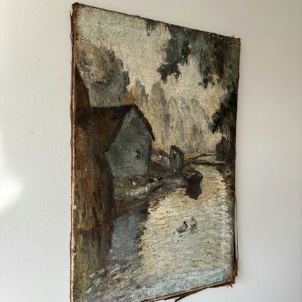 19th Century Landscape Oil Painting "River Cottage" Medium Art - HollandArtShop