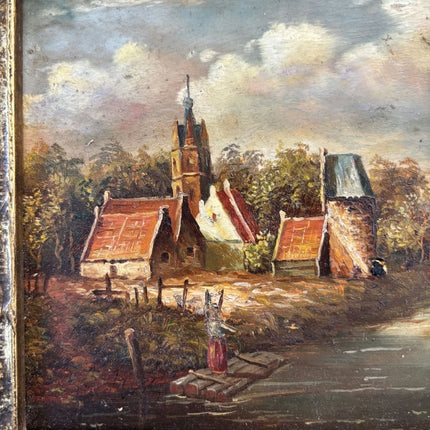 19th Century Oil Painting Scenery "Riverside Village" Small Artwork - Holland Art Shop