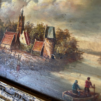 19th Century Oil Painting Scenery "Riverside Village" Small Artwork - Holland Art Shop