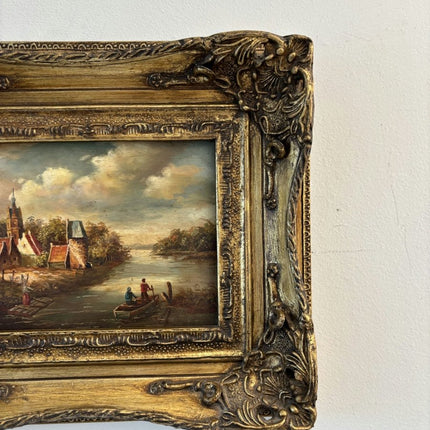 19th Century Oil Painting Scenery "Riverside Village" Small Artwork - Holland Art Shop