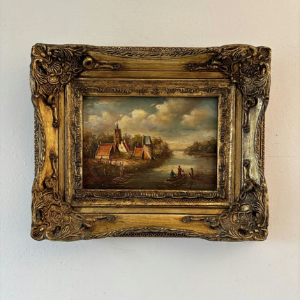 19th Century Oil Painting Scenery "Riverside Village" Small Artwork - Holland Art Shop