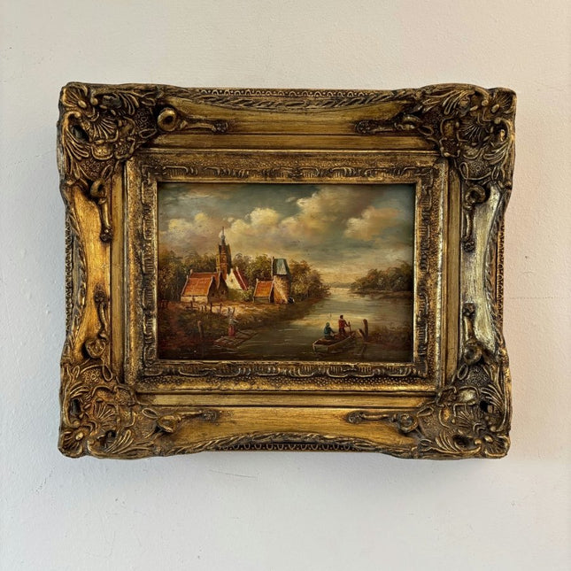 19th Century Oil Painting Scenery "Riverside Village" Small Artwork - Holland Art Shop