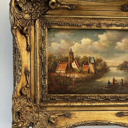 19th Century Oil Painting Scenery "Riverside Village" Small Artwork - Holland Art Shop
