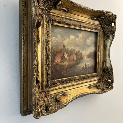 19th Century Oil Painting Scenery "Riverside Village" Small Artwork - Holland Art Shop