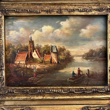 19th Century Oil Painting Scenery "Riverside Village" Small Artwork - Holland Art Shop