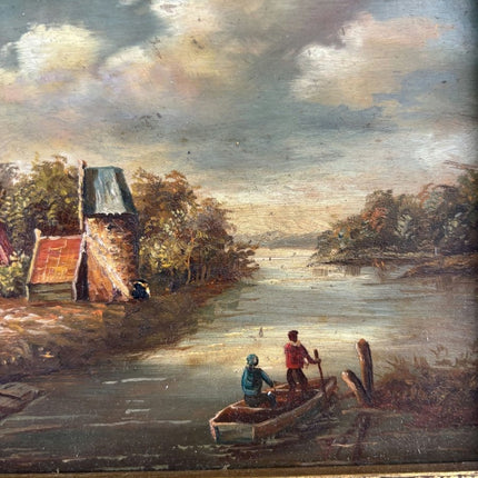19th Century Oil Painting Scenery "Riverside Village" Small Artwork - Holland Art Shop