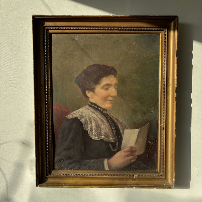 19th Century Portrait Oil Painting "Reading Woman" French Art - HollandArtShop