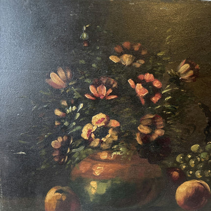 19th Century Vase Peaches Grapes Flowers Leaves Table Oil Painting Antique - HollandArtShop