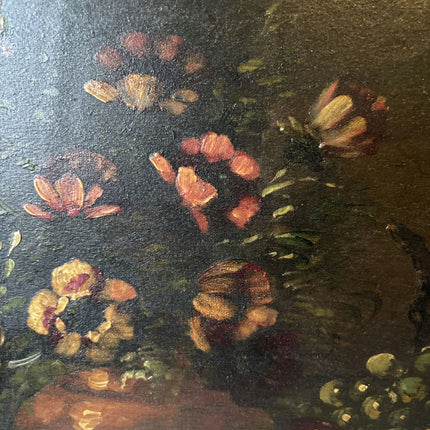 19th Century Vase Peaches Grapes Flowers Leaves Table Oil Painting Antique - HollandArtShop
