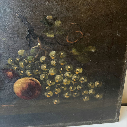 19th Century Vase Peaches Grapes Flowers Leaves Table Oil Painting Antique - HollandArtShop