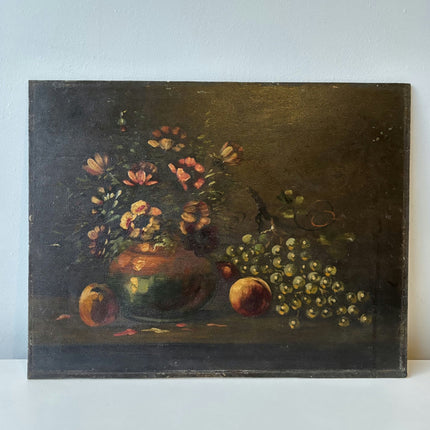 19th Century Vase Peaches Grapes Flowers Leaves Table Oil Painting Antique - HollandArtShop