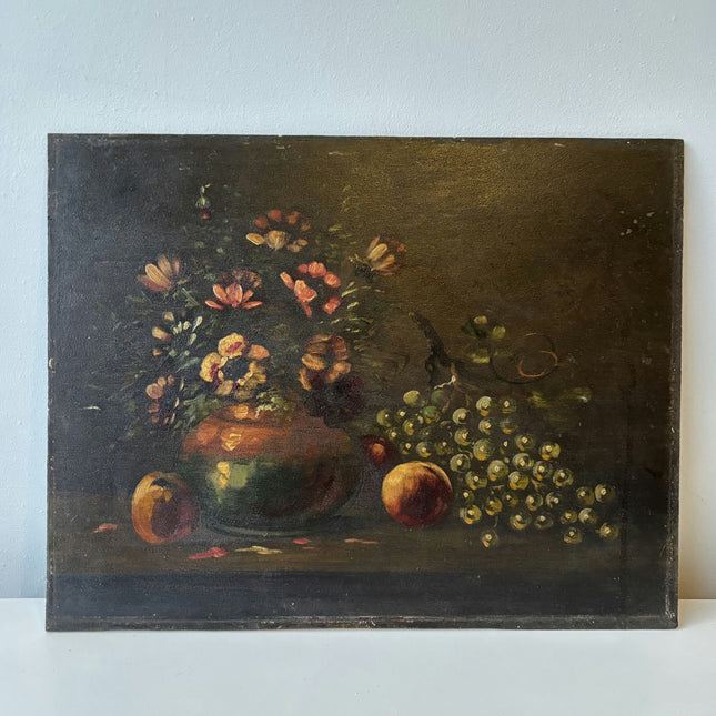 19th Century Vase Peaches Grapes Flowers Leaves Table Oil Painting Antique - HollandArtShop