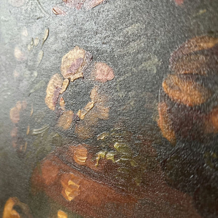 19th Century Vase Peaches Grapes Flowers Leaves Table Oil Painting Antique - HollandArtShop