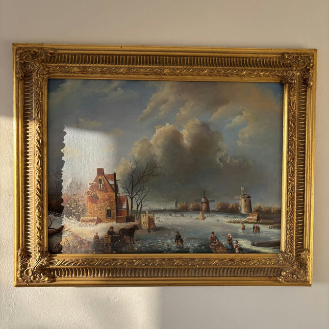 19th Century Winter Landscape Oil Painting "Frozen River" Medium Artwork - HollandArtShop