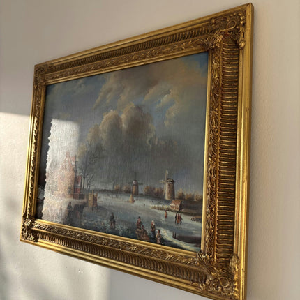 19th Century Winter Landscape Oil Painting "Frozen River" Medium Artwork - HollandArtShop