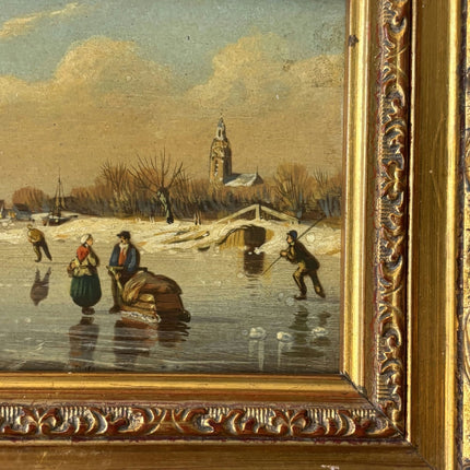 19th Century Winter Landscape Oil Painting "Ice Fishing Scene" Small Artwork - HollandArtShop