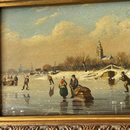 19th Century Winter Landscape Oil Painting "Ice Fishing Scene" Small Artwork - HollandArtShop