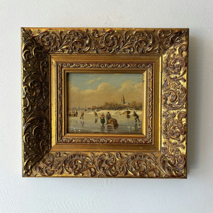 19th Century Winter Landscape Oil Painting "Ice Fishing Scene" Small Artwork - HollandArtShop