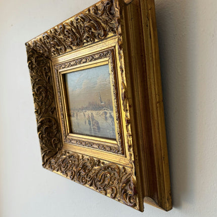19th Century Winter Landscape Oil Painting "Ice Fishing Scene" Small Artwork - HollandArtShop