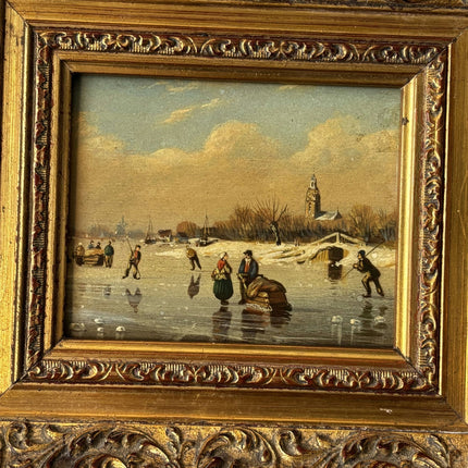 19th Century Winter Landscape Oil Painting "Ice Fishing Scene" Small Artwork - HollandArtShop