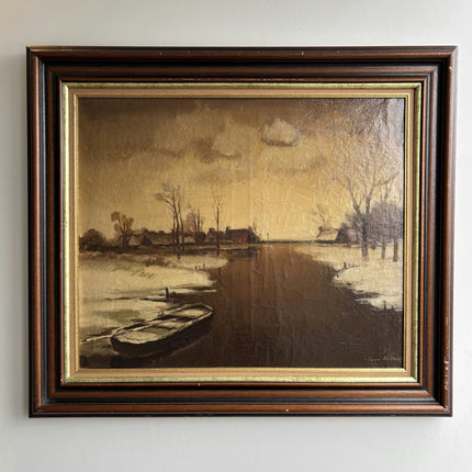 Refined Winter Landscape Oil Painting "Rowboats Calm" Classic Large Art Holland Art Shop