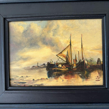 19th Century Antique Harbor Scene Oil Painting "Moored Boat" Small Artwork Holland Art Shop
