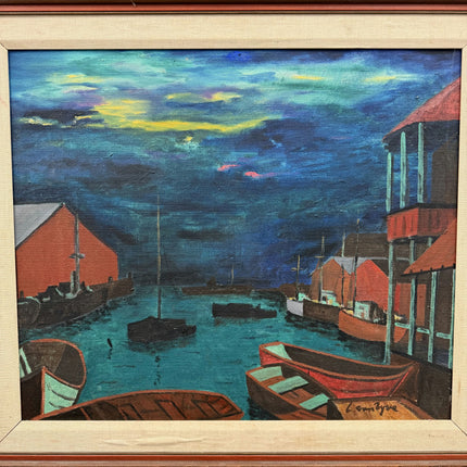 Vintage Harbor Scene Oil Painting "Red Boats" Authentic Large Art Holland Art Shop