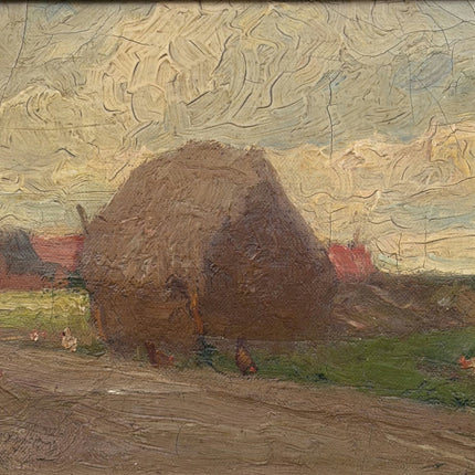 19th Century Antique Landscape Oil Painting "Haystack Painting" Small Art Holland Art Shop