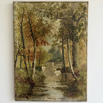 Antique Landscape Oil Painting "Swan Pair" Timeless Small Art Holland Art Shop