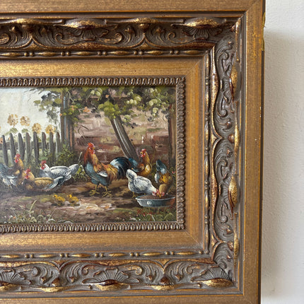 Antique Oil Painting Animals "Flock Of Chickens" Intriguing Small Art Holland Art Shop