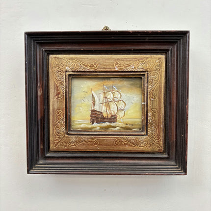 Vintage Seascape Oil Painting "Sailing Ship" Rustic Small Artwork Holland Art Shop