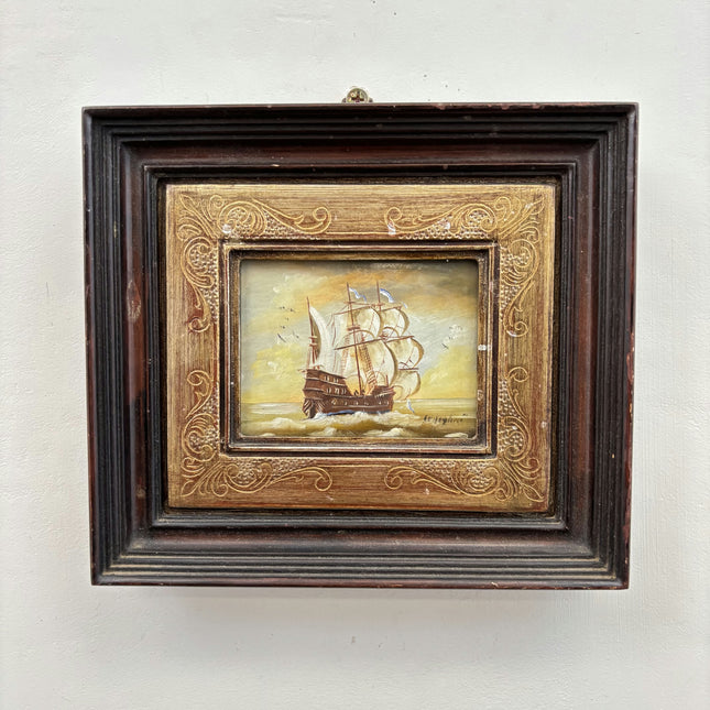 Vintage Seascape Oil Painting "Sailing Ship" Rustic Small Artwork Holland Art Shop