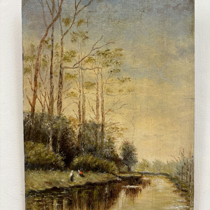 19th Century Antique Landscape Oil Painting "River Bank" Small Art Holland Art Shop