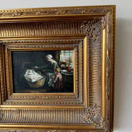 Classic Oil Painting Interior "Caring Grandmother" Vintage Small Art Holland Art Shop