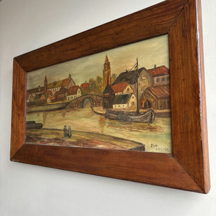 Handcrafted Harbor Scene Oil Painting "River Boat" Expressive Art Holland Art Shop