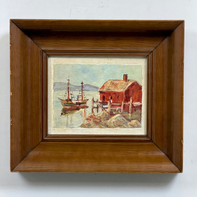 Traditional Harbor Scene Oil Painting "Red Boathouse" Handcrafted Small Art Holland Art Shop