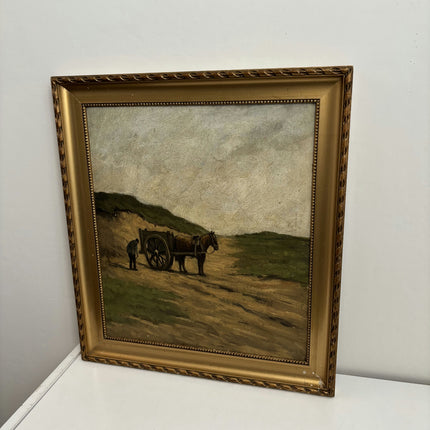 Antique Landscape Oil Painting "Working Horse" Authentic Art Holland Art Shop