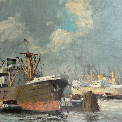 Vintage Harbor Scene Oil Painting "Cargo Ship" Handcrafted Art Holland Art Shop