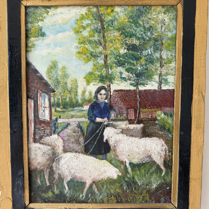 Vintage Farm Oil Painting "Woman Shepherdess" Detailed Artwork Holland Art Shop