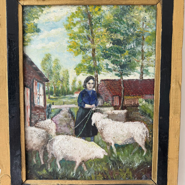 Vintage Farm Oil Painting "Woman Shepherdess" Detailed Artwork Holland Art Shop
