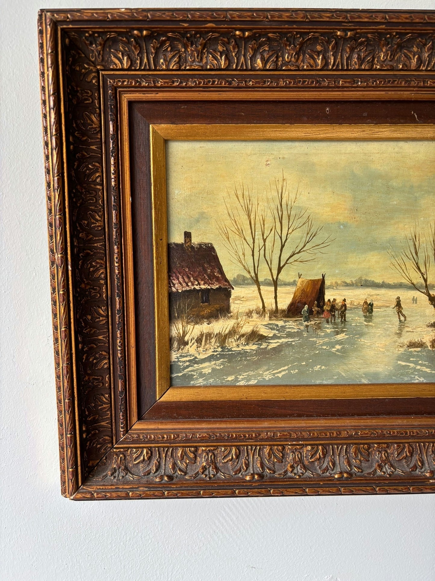 Vintage “Winter Skaters” Original Oil Painting Dutch Ice Scene Framed