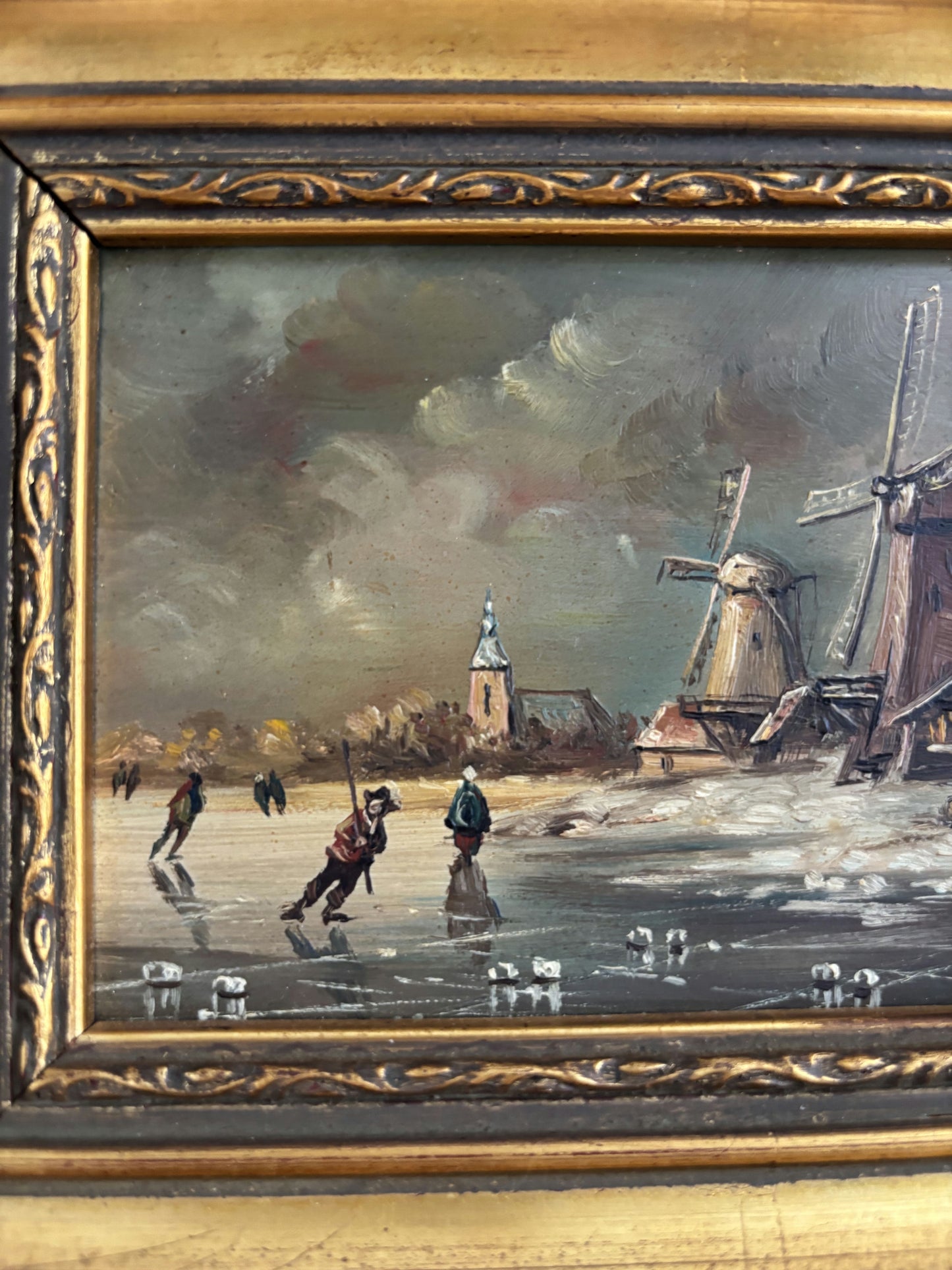 Figurative Oil Painting Winter Landscape "Ice Skaters Delight" Fine Small Art