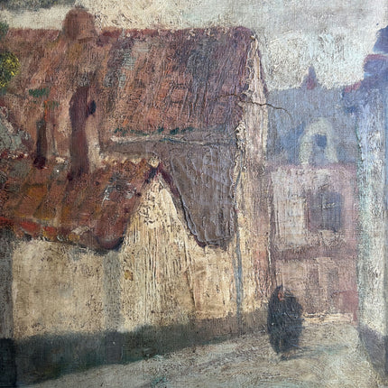 1886 Antique Cityscape Oil Painting "Village Street" Artwork Holland Art Shop