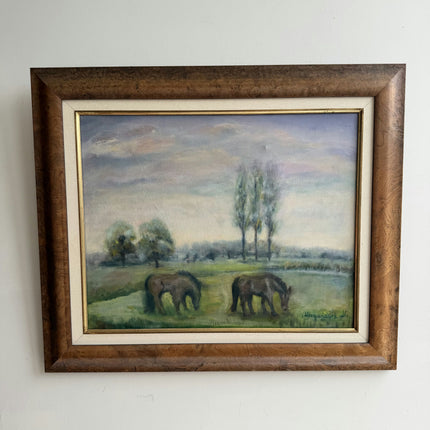 Traditional Animals Oil Painting "Grazing Horses" Rustic Artwork Holland Art Shop