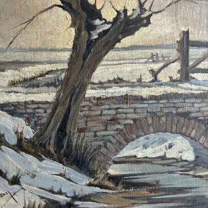 Original Winter Landscape Oil Painting "Snowy Bridge" Rustic Artwork Holland Art Shop